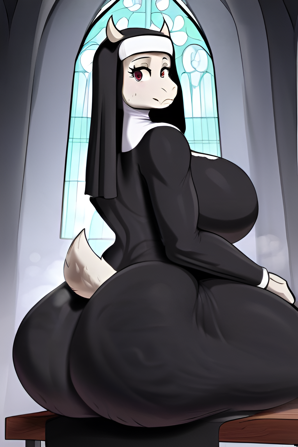 ai_generated anthro ass big_breasts cellulite huge_ass looking_back milf nun nun_outfit solo stable_diffusion toriel undertale