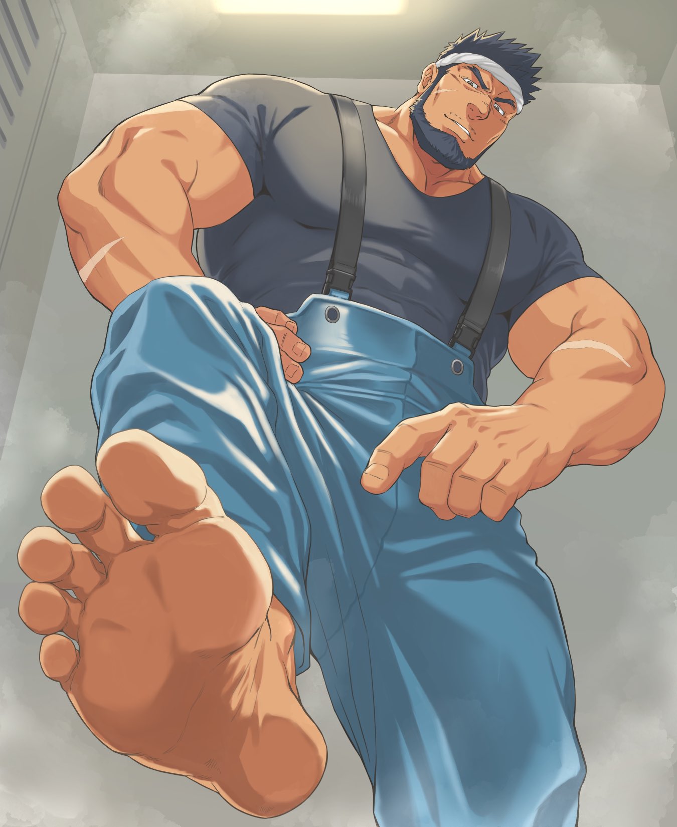 1boy abs bara barefoot dilf feet foot_fetish gay kuro_tetsu1379 male male_only muscular muscular_male oral_penetration oral_sex pecs steam steaming_body