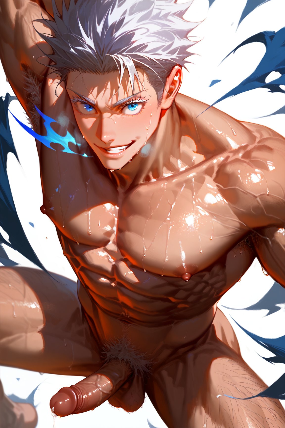 1boy abs ai_generated armpit_hair armpits bara blue_eyes completely_nude erection goldenfieldszho jujutsu_kaisen large_pectorals looking_at_viewer male_focus male_pubic_hair muscular muscular_male navel nipples nude pectorals penis precum pubic_hair satoru_gojo short_hair smile solo sweat testicles thick_thighs thighs uncensored white_hair