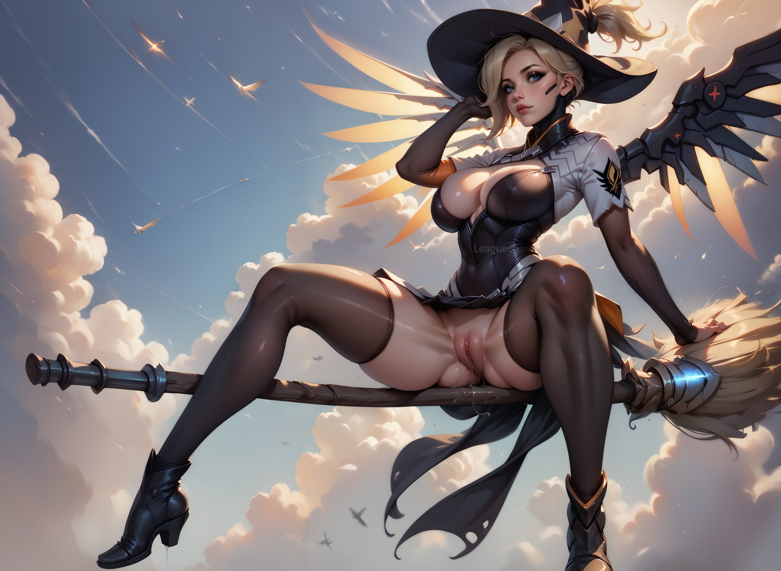 1girls, ai generated, blonde hair, blue eyes, brassiere, dress, female, flying, hat, high heels boots, league69, looking at viewer, mercy, no panties, overwatch, overwatch 2, pussy, pussy lips, short hair, sitting, solo, spread legs, thighhighs, thighs, witch hat