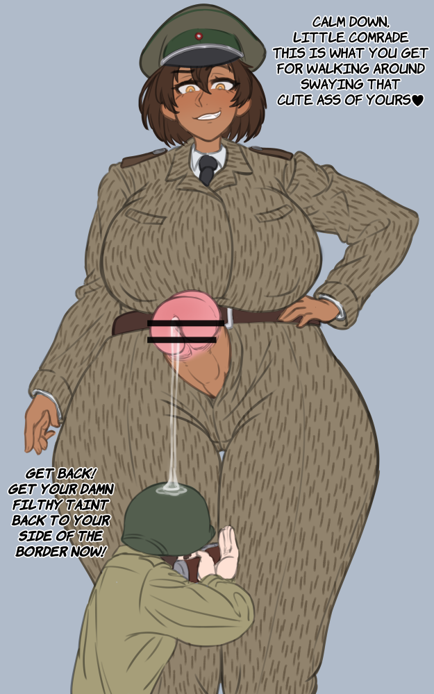 1boy 1futa alain_sibon big_breasts big_penis breasts censor_bar censored clothing english_text erect_penis erection futa_giantess futanari grey_background hat huge_breasts light-skinned_male male penis_out precum precum_drip short_hair size_difference soldier text