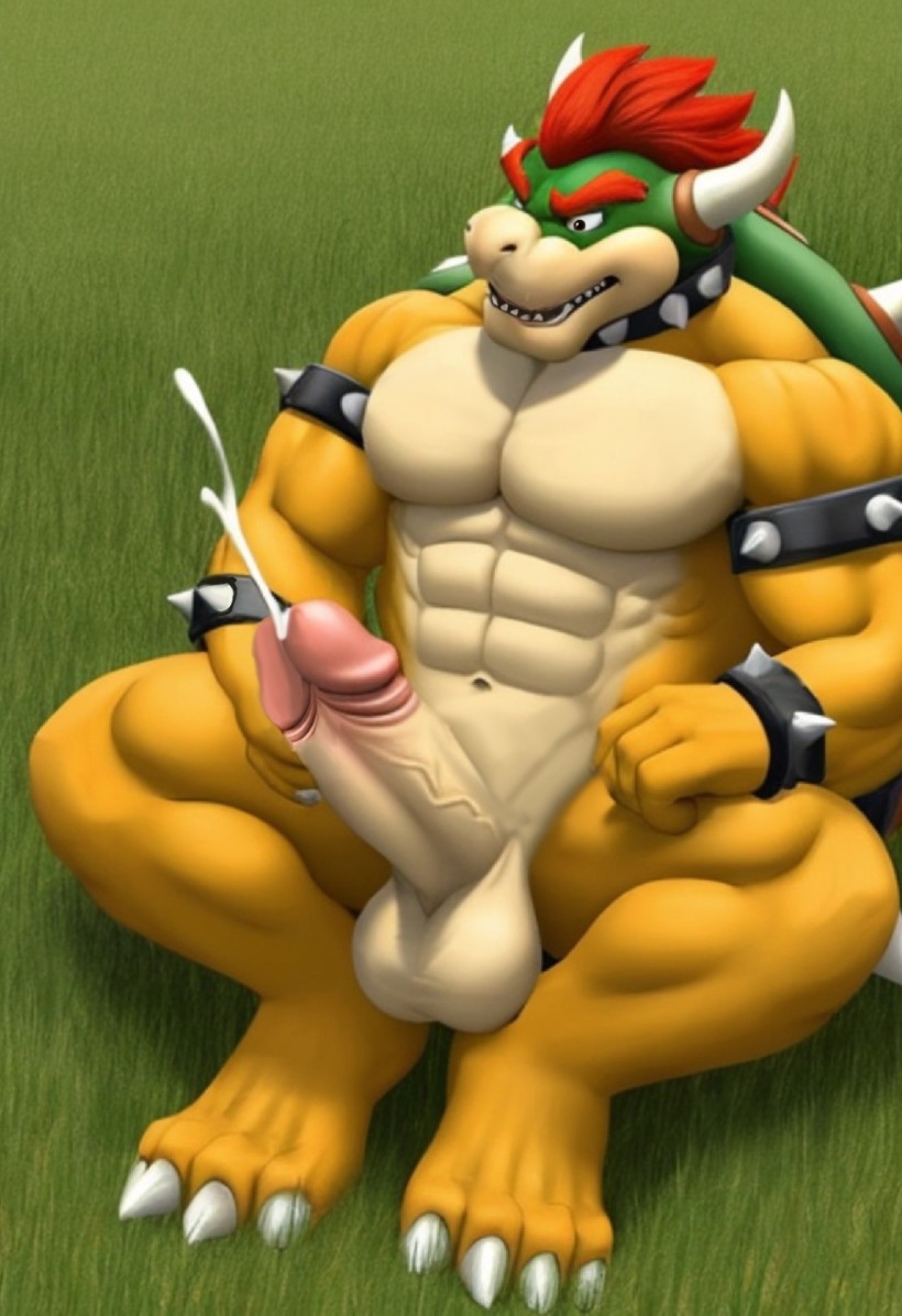 1boy ai_generated animal_ears animal_genitalia animal_humanoid animal_penis balls beard big_balls big_legs big_muscles big_penis black_eyes bowser cum grass horns male mario_(series) masturbating muscles muscular muscular_male naked nsfw nude nude_male nudity penis red_hair shell solo solo_male