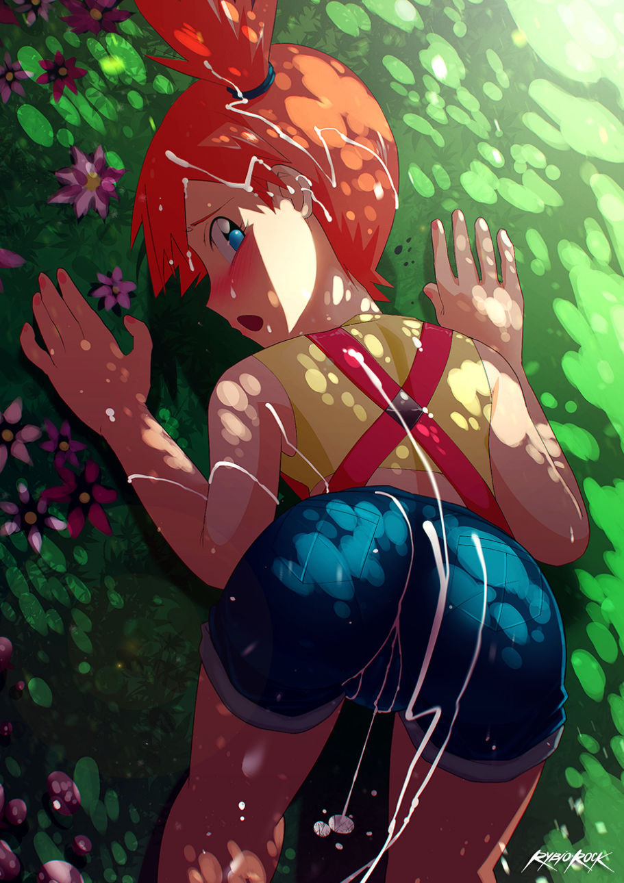 1girls ass clothes cum cum_on_clothes fully_clothed human human_only kasumi_(pokemon) pokemon rybiorock shorts solo_focus