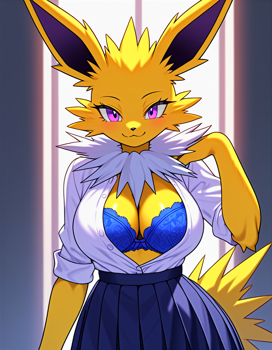 ai_generated big_breasts blue_bra blue_shirt blue_underwear bra breasts cleavage eeveelution female female_focus female_only furry game_freak gamefreak jolteon kemonogirls large_breasts nintendo open_shirt pleated_skirt pokemon pokemon_(species) purple_eyes school_uniform schoolgirl solo tail two_tone_body two_tone_fur white_fur yellow_body yellow_fur