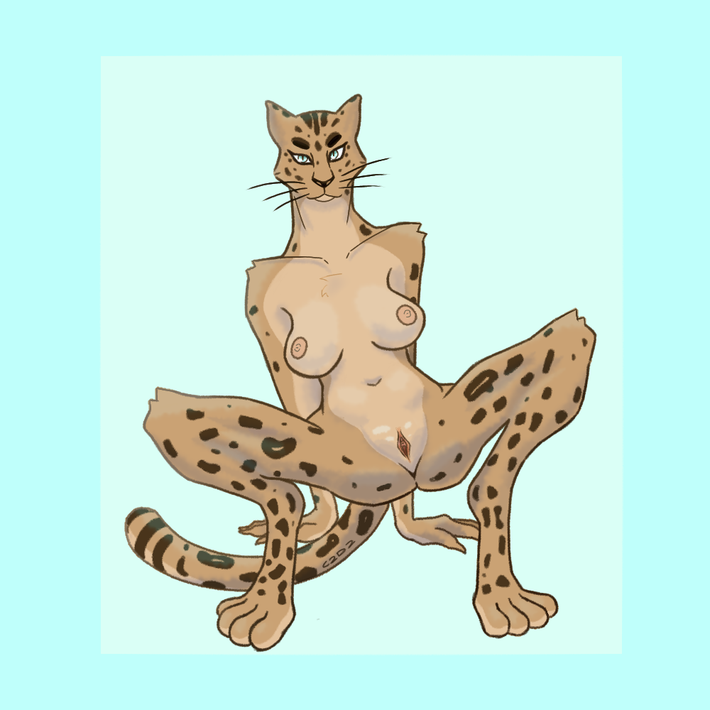 1:1 all_fours anthro breasts c2d2 color eve_speed_(failure_frame:_i_became_the_strongest_and_annihilated_everything_with_low-level_spells) felid female fur furry furry_female furry_only leopard looking_at_viewer mammal markings muscular muscular_female presenting shaded simple_background solo spots spread_legs spreading tail tuft tufted_fur