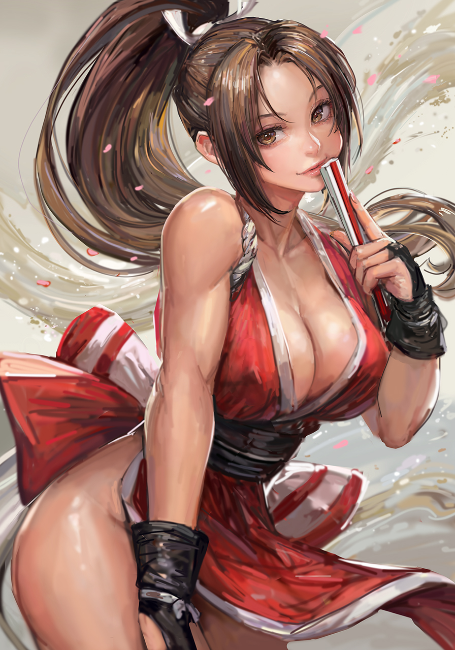 1girls belt big_breasts big_breasts brown_eyes brown_hair cute_face fan gloves japanese japanese_clothes king_of_fighters light-skinned_female light_skin long_hair looking_at_viewer mai_shiranui michemashu red_clothing thick_thighs thighs tied_hair voluptuous voluptuous_female wide_hips