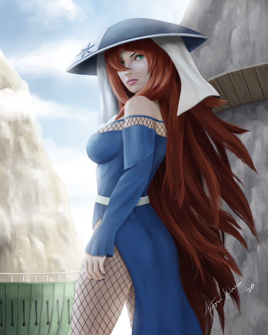 arronkhan bare_shoulders black_nails blue_dress brown_hair closed_mouth commentary dress english_commentary female fishnet_pantyhose fishnets green_eyes hair_over_one_eye hat long_hair long_sleeves mei_terumi nail_polish naruto naruto_(series) naruto_shippuuden one_eye_covered outdoors pantyhose realistic signature solo terumi_mei very_long_hair