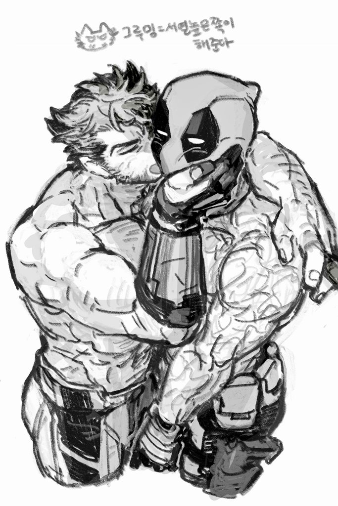 2boys arm_around_shoulder belt cigar closed_eyes deadpool deadpool_&_wolverine_(2024) dishing facial_hair gay gloves hand_on_another's_face holding holding_cigar male_focus marvel mask mature_male monochrome multiple_boys muscular muscular_male pants pectorals scar short_hair tongue tongue_out topless_male translation_request weapon wolverine_(x-men) x-men yaoi