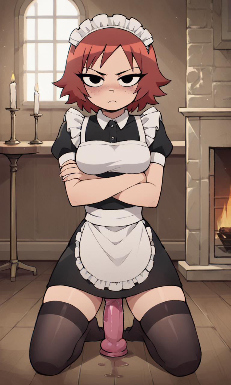 ai_generated ass bigmic145 black_eyes breasts cowgirl_position dildo eyeshadow female female_only freckles freckles_on_face implied_penetration kim_pine maid maid_uniform medium_breasts netflix red_hair riding riding_dildo scott_pilgrim scott_pilgrim_takes_off solo solo_female thighhighs wet