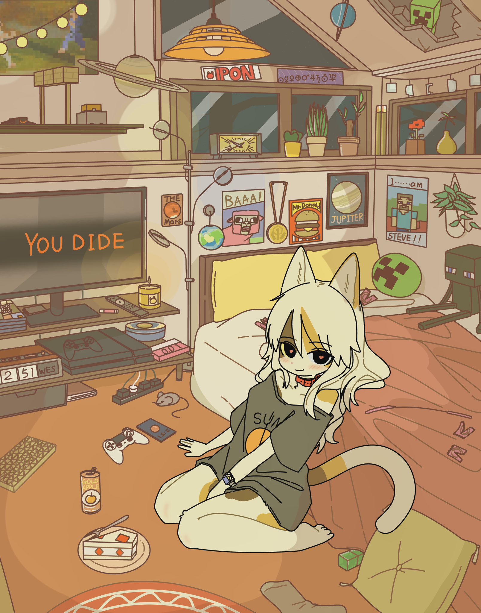 1girls, a minecraft movie, a minecraft movie (meme), blush, cake, calico cat, cat (minecraft), cat ears, cat girl, cat tail, creeper, creeper (minecraft), doremifaso64, enderman, feline, female, furry, heart eyes, heart-shaped pupils, i am steve, kemono, minecraft, mojang, no pants, pink sheep (minecraft), saturn, shirt only, solo, steve (minecraft), tagme