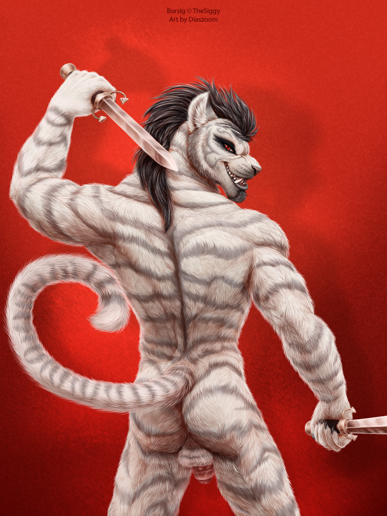 1boy anthro backsack balls dagger diaszoom feline flaccid looking_at_viewer male male_only mammal melee_weapon muscular nude penis smile solo tiger weapon