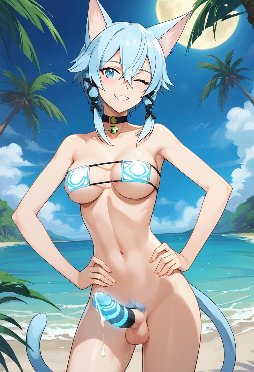 1futa ai_generated animal_ear_fluff animal_ears armpits balls beach bikini_top bikini_top_only blue_hair bottomless bottomless_futanari breasts cat_ears cat_tail catgirl confident cowboy_shot cum cum_drip cum_dripping_from_penis cum_on_penis dark_cultist dickgirl erect_penis erection eyepatch_bikini futa_only futa_sans_pussy futanari hands_on_hips huge_cock kemonomimi looking_at_viewer medium_breasts moon moonlight mostly_nude navel night night_sky nipples outdoors palm_tree palm_trees penis penis_sleeve self_upload short_hair sidelocks sinon smile solo solo_futa standing sword_art_online tail water wink