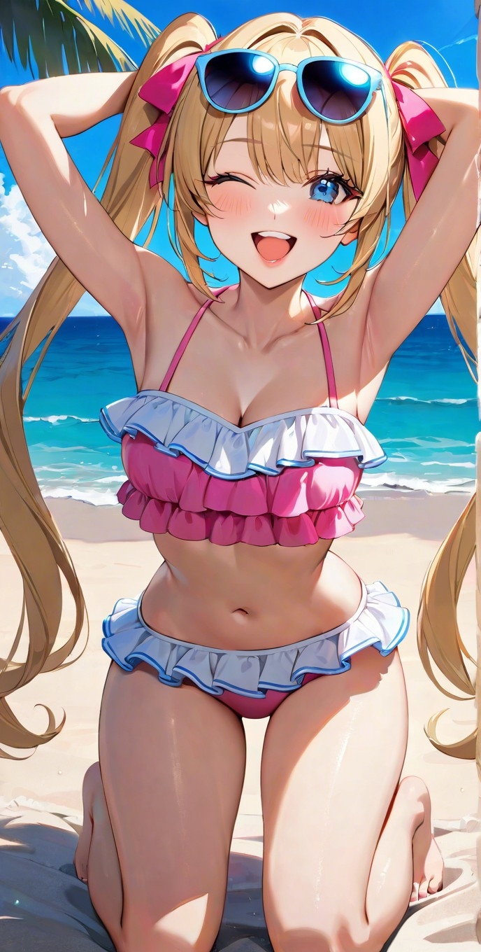 1girls adorable ai_generated armpits arms_behind_head arms_up background bangs bare_arms bare_legs bare_shoulders bare_thighs barefoot beach belly belly_button bikini bikini_bottom bikini_top blonde_female blonde_hair blonde_hair_female blue_eyes blush breasts collarbone commentary_request cute cute_girl day feet female female_focus female_only flat_chest flat_chested frilled_bikini frills girly hair_ribbon happy happy_female kneeling lia_the_busty_redhead light-skinned_female light_skin long_bangs long_hair looking_at_viewer midriff nature nature_background navel ocean one_eye_closed open_mouth original original_character outdoors outside palm_tree petite petite_body petite_female pink_bikini sand sea seaside self_upload shades skinny small_breasts solo solo_female solo_focus sunglasses sunglasses_on_head tagme thighs tied_hair twintails water wavy_hair wink winking winking_at_viewer young