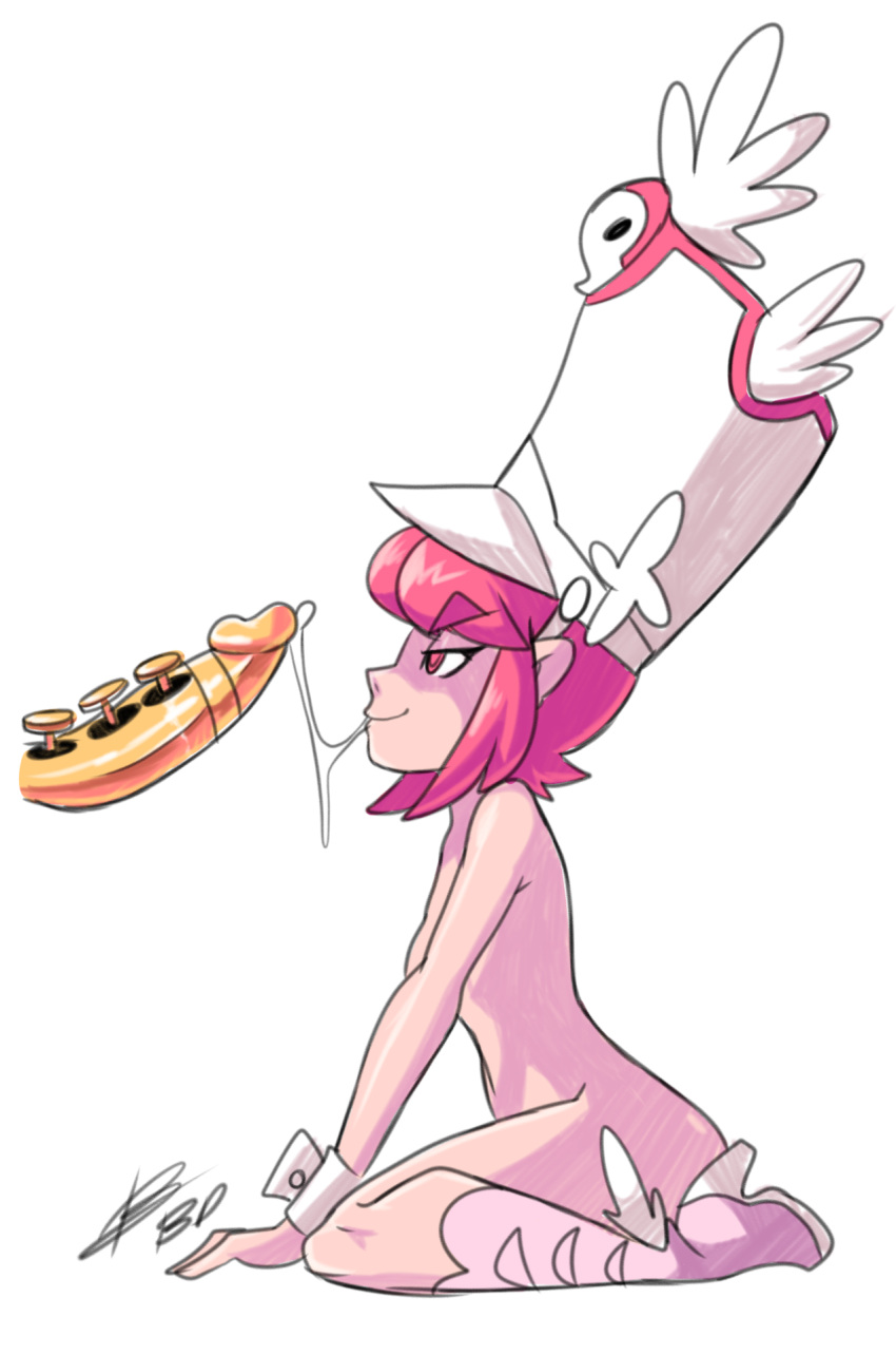 1girls, bangs, bigdeadalive, boots, cum, cum in mouth, cum string, fellatio, female, from side, hat, jakuzure nonon, kill la kill, male, naked footwear, nude, oral, penis, pink hair, profile, short hair, signature, simple background, sitting, thick eyebrows, wariza, white background