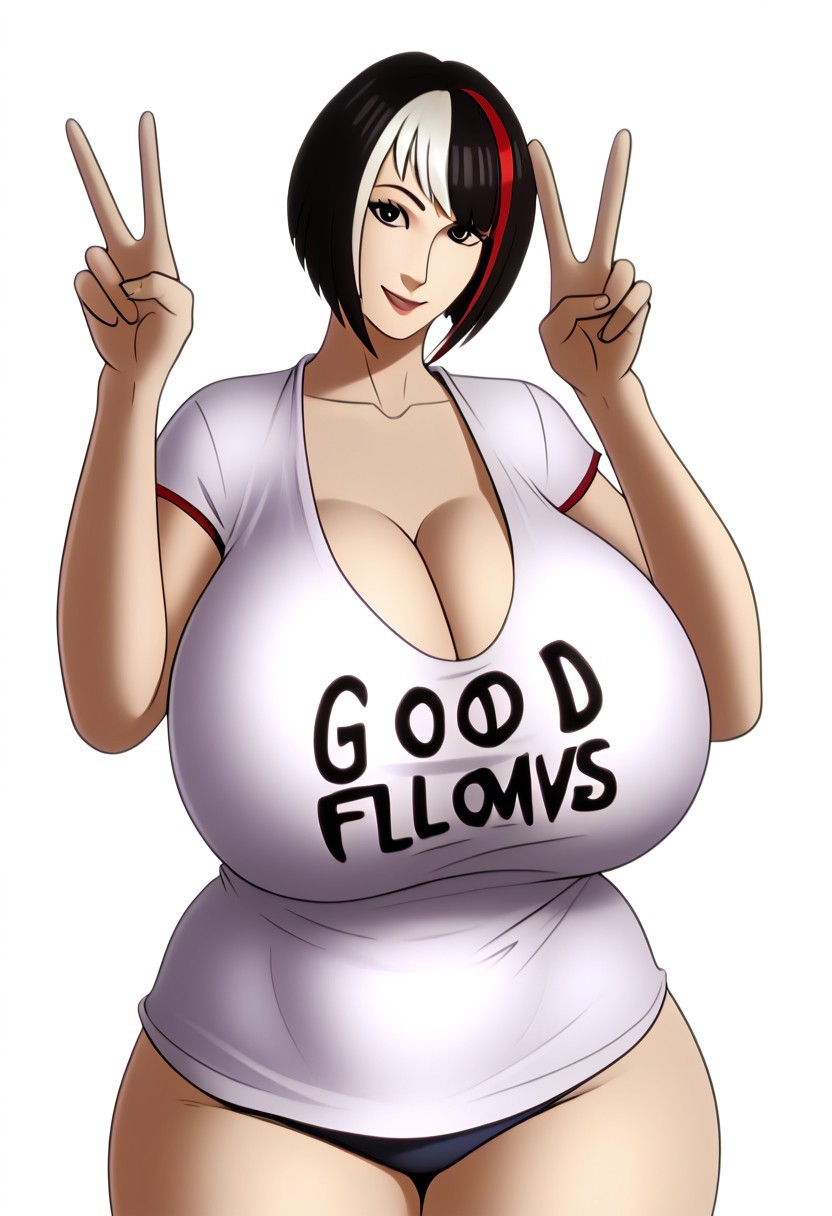 1girls ai_generated bunanza_ cleavage cowboy_shot double_v huge_breasts loose_clothes milf original_character peace_sign short_hair shorts solo streaked_hair t-shirt t-shirt_only tagme thick top_heavy