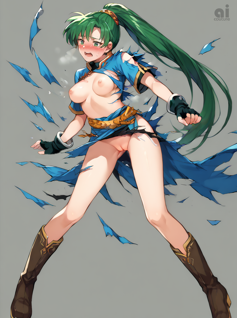 ai_assisted ai_generated battle_damage embarrassed embarrassed_nude_female enf female female_only fire_emblem fire_emblem_heroes green_hair lyn_(fire_emblem) medium_breasts nintendo nipples pussy torn_clothes torn_clothing