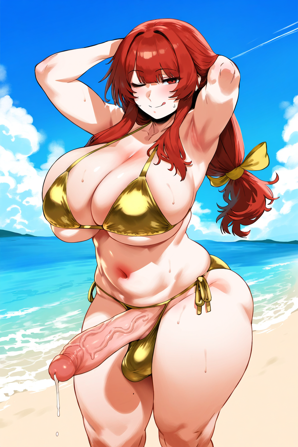 1futa 2d ai_generated armpit armpits arms_behind_head arms_up ball_bra ball_cleavage beach belly belly_button big_balls big_penis bikini bikini_only blush breasts breasts_bigger_than_head bulge cleavage cloud day erect_penis erection exposed_penis feet_out_of_frame female from_side functionally_nude functionally_nude_female futanari gold_bikini golden_bikini hair_ribbon hips huge_cock huge_penis kotohime kotohime_(touhou) leaking_precum licking_lips long_hair looking_at_viewer low-tied_long_hair mole mole_on_thigh mostly_nude mostly_nude_female nai_diffusion ohhai223 one_eye_closed outdoors police_officer ponytail posing precum precum_string princess red_eyes red_hair self_upload shiny_clothes shiny_hair side_view sideass sidelocks sky smile solo standing swimwear thick_ass thick_thighs thighs tied_hair touhou touhou_(pc-98) uncensored veiny_penis water wet wet_skin wide_hips wink yellow_ribbon