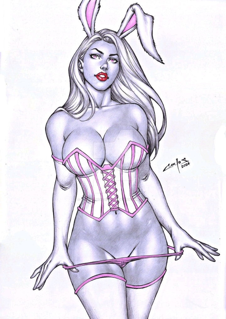 2024 artist_signature batman_(series) bunny_ears busty carlos_braga corset curvy dc dc_comics deviantart_link ed_benes_studio female huge_breasts large_breasts new_52 pink_eyes pink_panties pulling_down_panties red_lips red_lipstick solo strapless white_background white_gloves white_hair white_legwear white_rabbit_(dc)