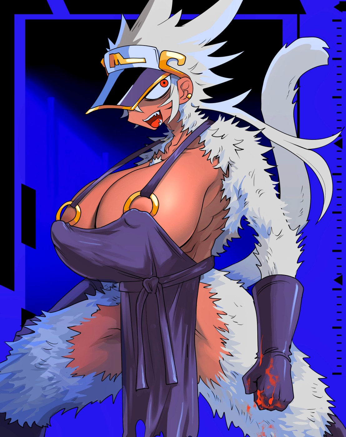 accessory apron apron_only areola areola_slip armpit_hair big_breasts blood blood_on_hand blush bodily_fluids body_hair boots breasts cleavage clothed clothing dark_body dark_skin fangs female footwear fur g_tsurimasu gloves hair handwear haplorhine hat headgear headwear hi_res huge_breasts mammal metal_pipe monkey monkey_girl muscular muscular_female nipple_outline primate red_eyes shoes side_boob smile tail teeth tomboy visor_cap white_body white_fur white_hair