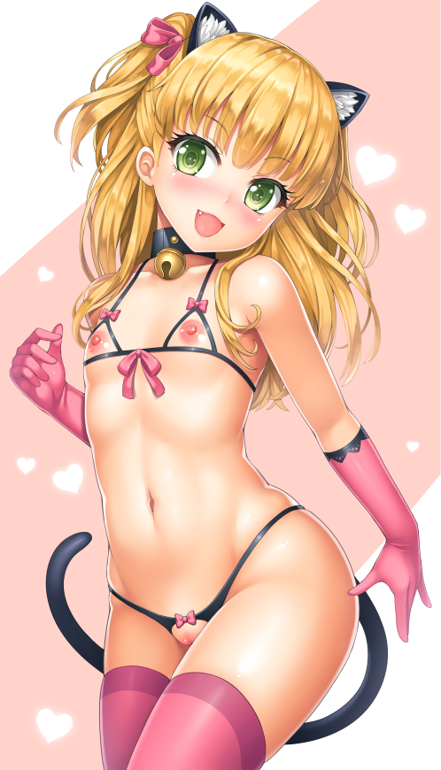 :d, animal ears, bare shoulders, bell, bell collar, black bra, black panties, blonde hair, blush, bow, bow bra, bow panties, bra, breasts, cat ears, cat tail, collar, cowboy shot, crotchless panties, cute fang, elbow gloves, eyelashes, female, flat chest, gloves, green eyes, happy, heart, idolmaster, idolmaster cinderella girls, jingle bell, jougasaki rika, kemonomimi mode, lambda (kusowarota), long hair, looking at viewer, navel, nipple cutout, nippleless clothes, nipples, open mouth, panties, pink gloves, pink legwear, pussy, small breasts, smile, solo, tail, thighhighs, uncensored, underwear
