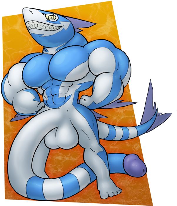 anthro full-length_portrait full_length hyper hyper_balls hyper_penis male male_only muscular portrait posing rubberskunktoo shark solo standing tail