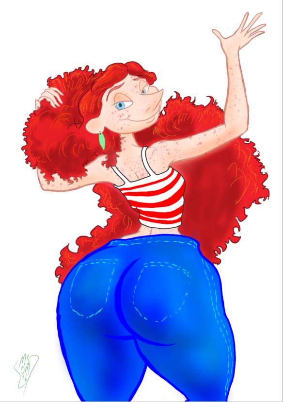 ass big_ass bottom_heavy curly_hair disney inner_workings jeans kate_(inner_workings) looking_back red_hair redhead smile wide_hips