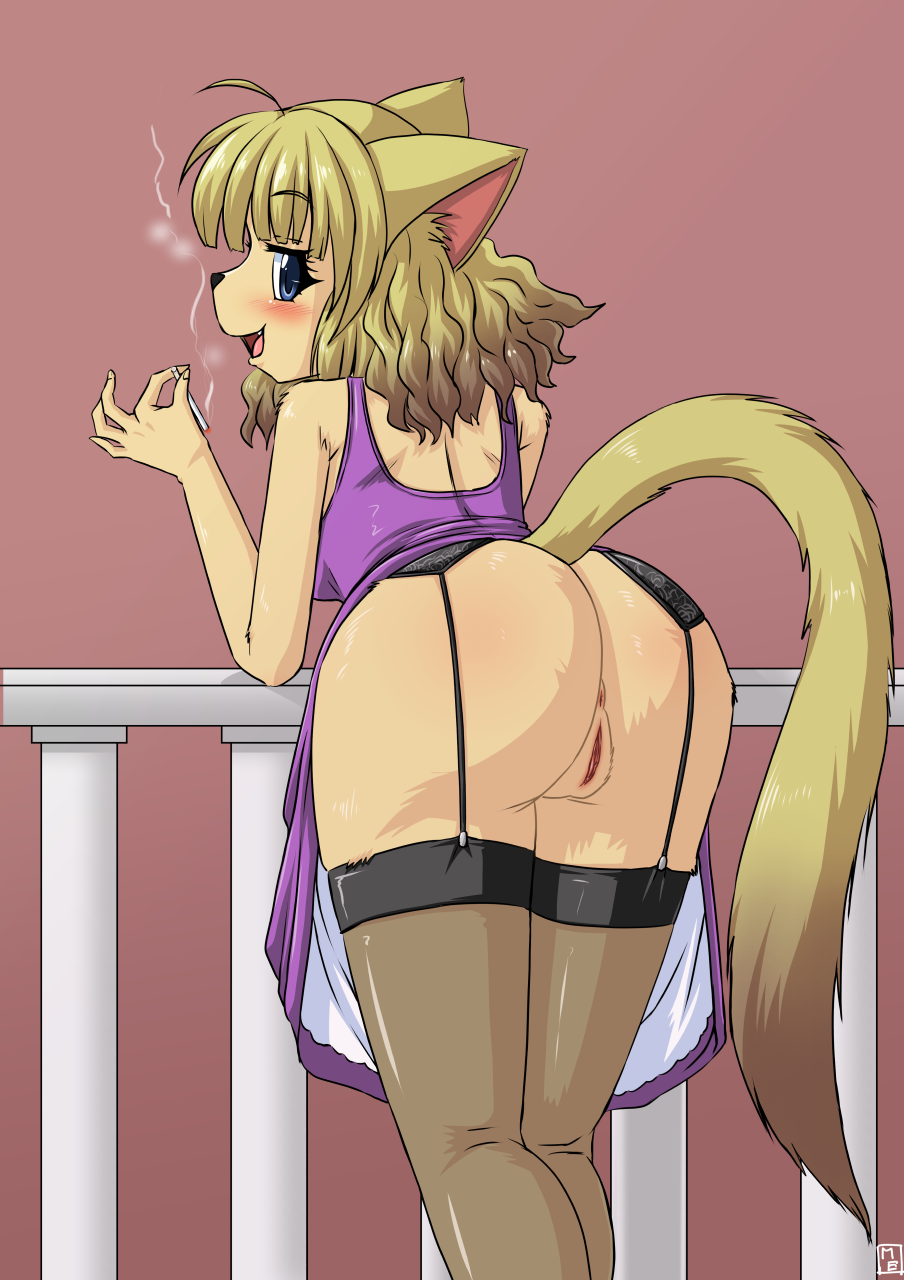 2015 5_fingers ahoge anthro anus ass bangs bent_over big_eyes black_nose blonde_hair blue_eyes clothing dress feline feline female fur garter_belt garter_straps hair kemono legwear lingerie long_hair looking_at_viewer looking_back mammal milkexplorer open_mouth pussy raised_skirt smoke smoking solo standing stockings tan_fur