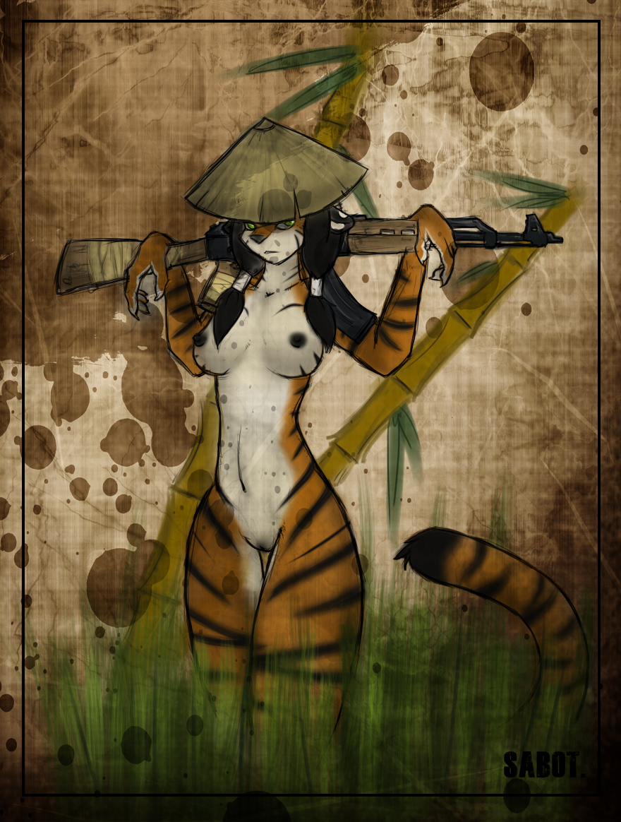 abstract_background ak-47 anthro assault_rifle bamboo black_hair black_skin breasts feline female grass green_eyes gun hair hat mammal nipples nude pinup pose pussy ranged_weapon rice_hat rifle sabot simple_background solo standing stripes tied_hair tiger twintails viet_minh weapon