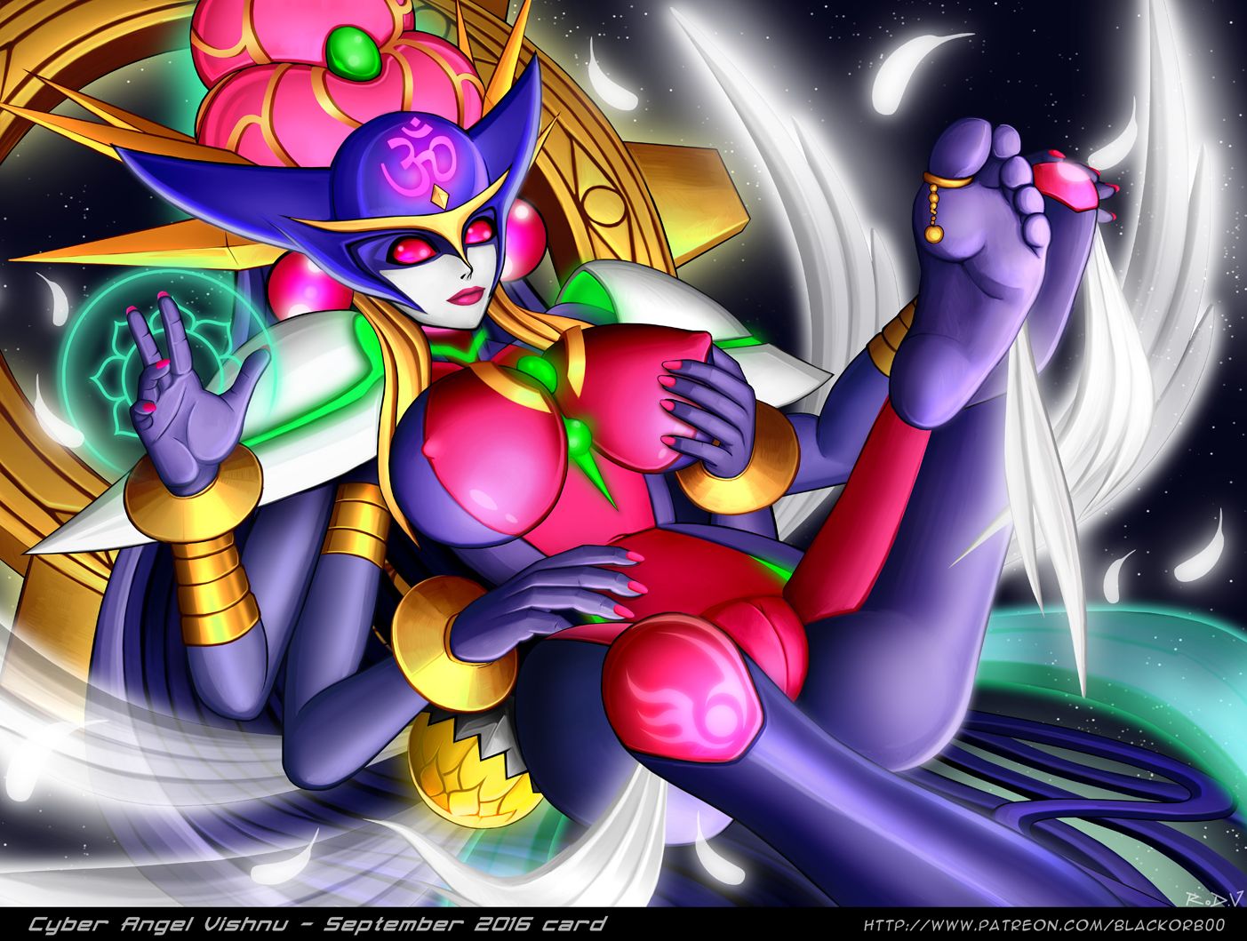 2016 4_arms angel angel_wings artist_name blackorb00 blonde_hair breasts cyber_angel_vishnu duel_monster erect_nipples feathers feet halo hand_on_breasts hand_on_chest large_breasts lipstick multi_arm multi_limb nail_polish nipples patreon pink_eyes pink_nails toe_ring url wings yu-gi-oh! yuu-gi-ou_duel_monsters