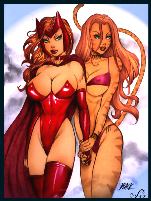 avengers colored deacon_black female female_only green_eyes hand_holding human marvel marvel_comics multiple_females mutant_(marvel) nipples_visible_through_bra scarlet_witch straight_hair tigra wanda_maximoff x-men