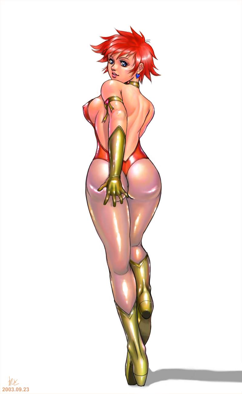 1girls 2003 android ass ass_grab blue_eyes blush boots breasts choker cutie_honey cutie_honey_(character) female female_only from_behind gloves heart highres honey_kisaragi large_breasts light-skinned_female light_skin magical_girl pantyhose red_hair short_hair solo zen_and_retro