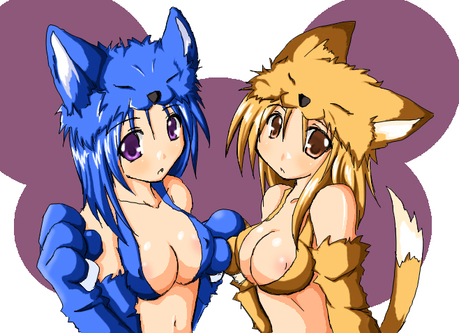 blonde_hair blue_eyes blue_hair boss_monster breasts brown_eyes cat_o'_nine_tails cat_o'_nine_tails_(ragnarok_online) cleavage fox_ears fox_girl fox_tail game gloves hat kitsunemimi monster_girl moonlight_flower nipple_slip nipples purple_eyes ragnarok_online short_hair tail