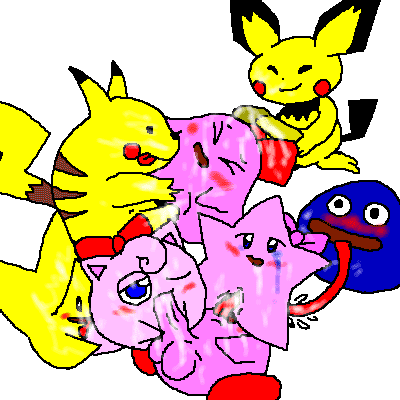 3girls 4chan 5boys artist_request blush chuchu_(kirby) crossover cum gooey_(kirby) jigglypuff kirby kirby_(series) nintendo penis pichu pikachu pokemon pokemon_(species) pussy sex starfy starly_(starfy) the_legendary_starfy what