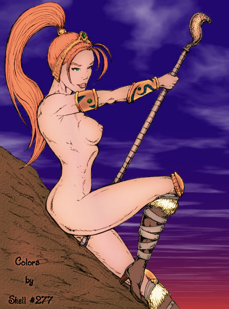 1girls armlet artist_request boots female female_only green_eyes heel_boots holding_object human long_hair masters_of_the_universe medium_breasts medium_eyes mostly_nude nipples orange_hair outdoors ponytail side_view signature sitting sky solo staff straight_hair tagme tan_skin teela text tied_hair