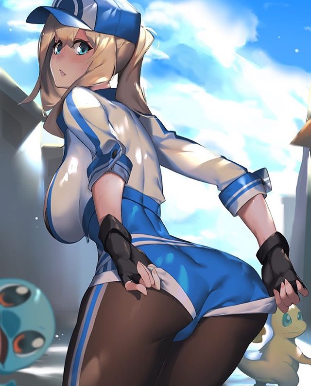 1girls, ambiguous gender, ass, back, background, big ass, big breasts, blonde hair, blue eyes, blush, breasts, cameltoe, clothed, day, eyelashes, female, female protagonist (pokemon go), gloves, hat, human, long hair, looking at viewer, looking back, nintendo, pokemon, pokemon go, pussy, scalie, sky, sweat, wedgie