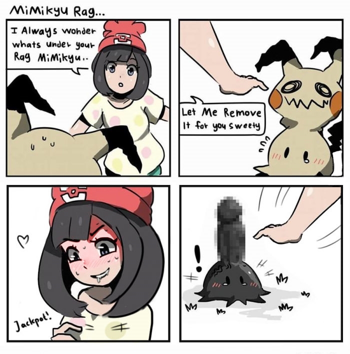 !, 1boy, 1girls, artist request, black eyes, black hair, black skin, blush, censored, clothed, clothed female, clothed female nude male, comic, comics, dialogue, drooling, embarrassed, erection, female, game freak, grey eyes, hat, heart, human, interspecies, male, mimikyu, nintendo, nude, penis, pokemon, pokemon sm, pokemon trainer, pokephilia, saliva, selene (pokemon), shirt, short hair, smile, sweat, text, veins, veiny penis, white background, white border