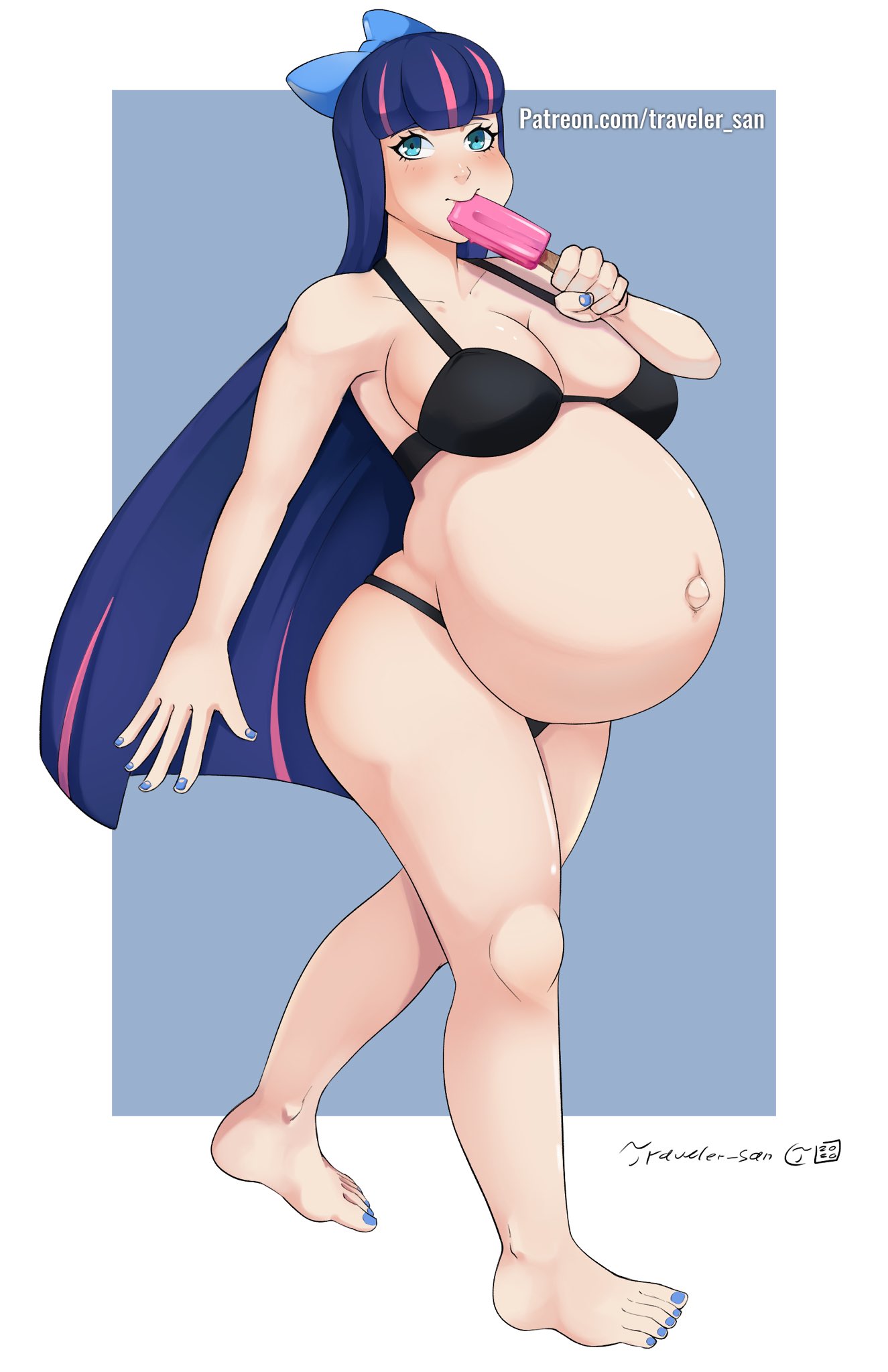 1girls, big breasts, breasts, claras pregs, cleavage, feet, female, female only, huge belly, large breasts, painted nails, panty & stocking with garterbelt, pregnant, ready to pop, solo, stocking anarchy