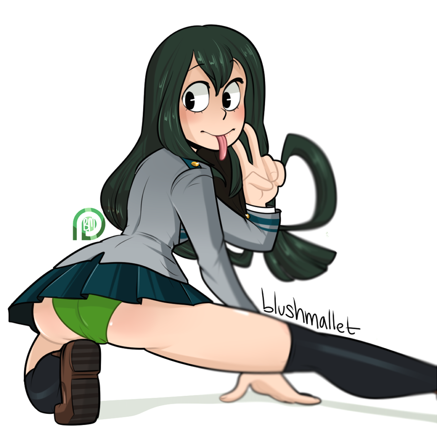 ass, blushmallet, female, female focus, female only, green hair, green panties, green-haired female, my hero academia, panties, school uniform, solo, tongue, tongue out, tsuyu asui, u.a. school uniform, upskirt