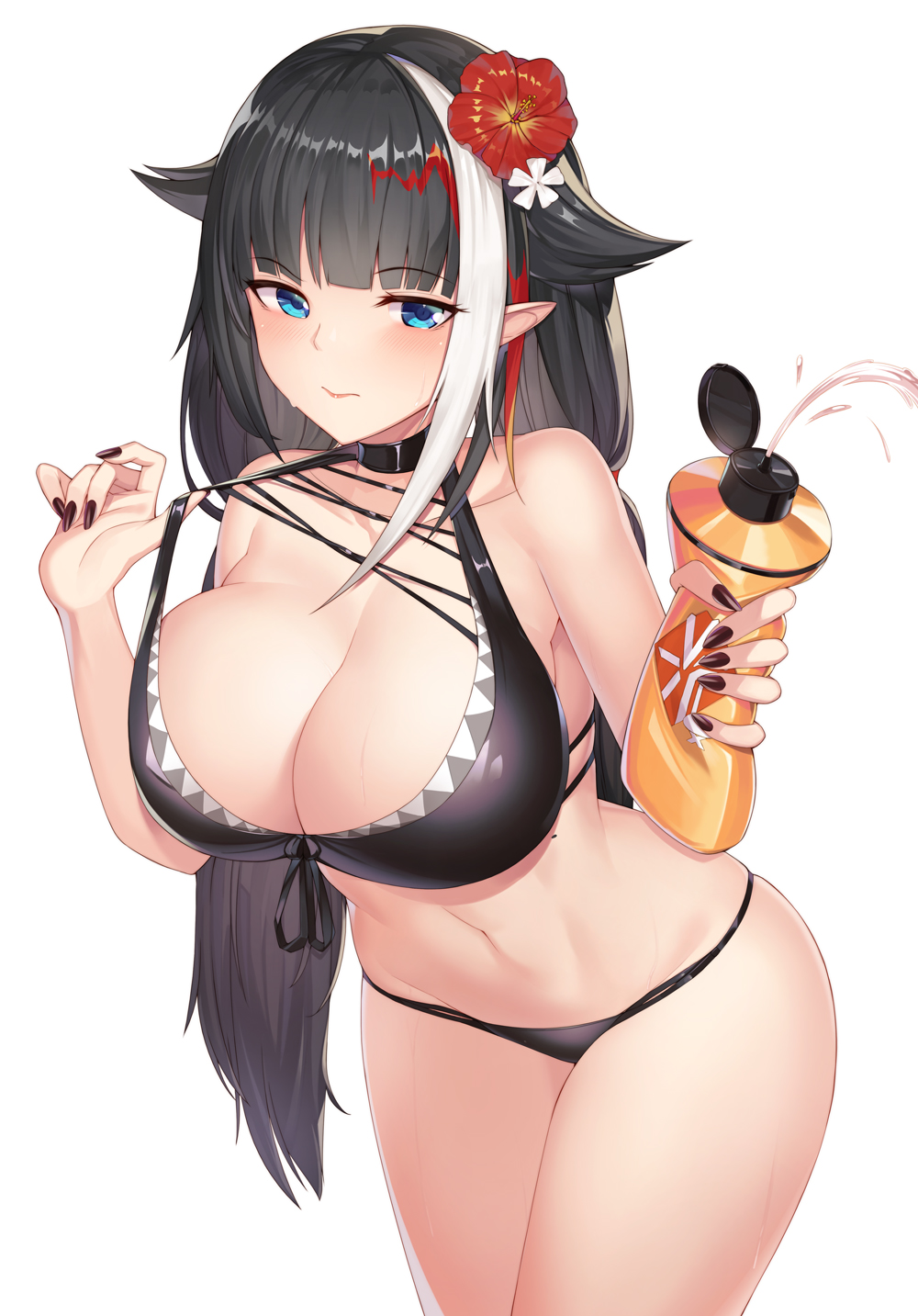 1girls, azur lane, bikini, bikini lift, black hair, blue eyes, blush, breasts, btraphen, collar, deutschland (azur lane), deutschland (service time?!) (azur lane), female, fit, fit female, flower, flower in hair, huge breasts, iron blood (azur lane), large breasts, light skin, light-skinned female, long fingernails, long hair, mole, multicolored hair, navel, pointy ears, skindentation, squeezing, sunscreen, sweat, swimsuit, teasing, thick thighs, thighs, tied hair, wet