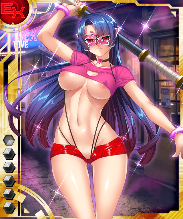 areola slip, blue hair, blush, breasts, choker, cleavage cutout, clothed, clothing, female, kagami hirotaka, large breasts, lilith-soft, mask, navel, nipple bulge, no bra, official art, open shorts, red eyes, shirt, short shorts, taimanin (series), taimanin asagi, taimanin asagi battle arena, taimanin asagi battle arena all card gallery, taimanin asagi zero, underboob, weapon, yatsu murasaki