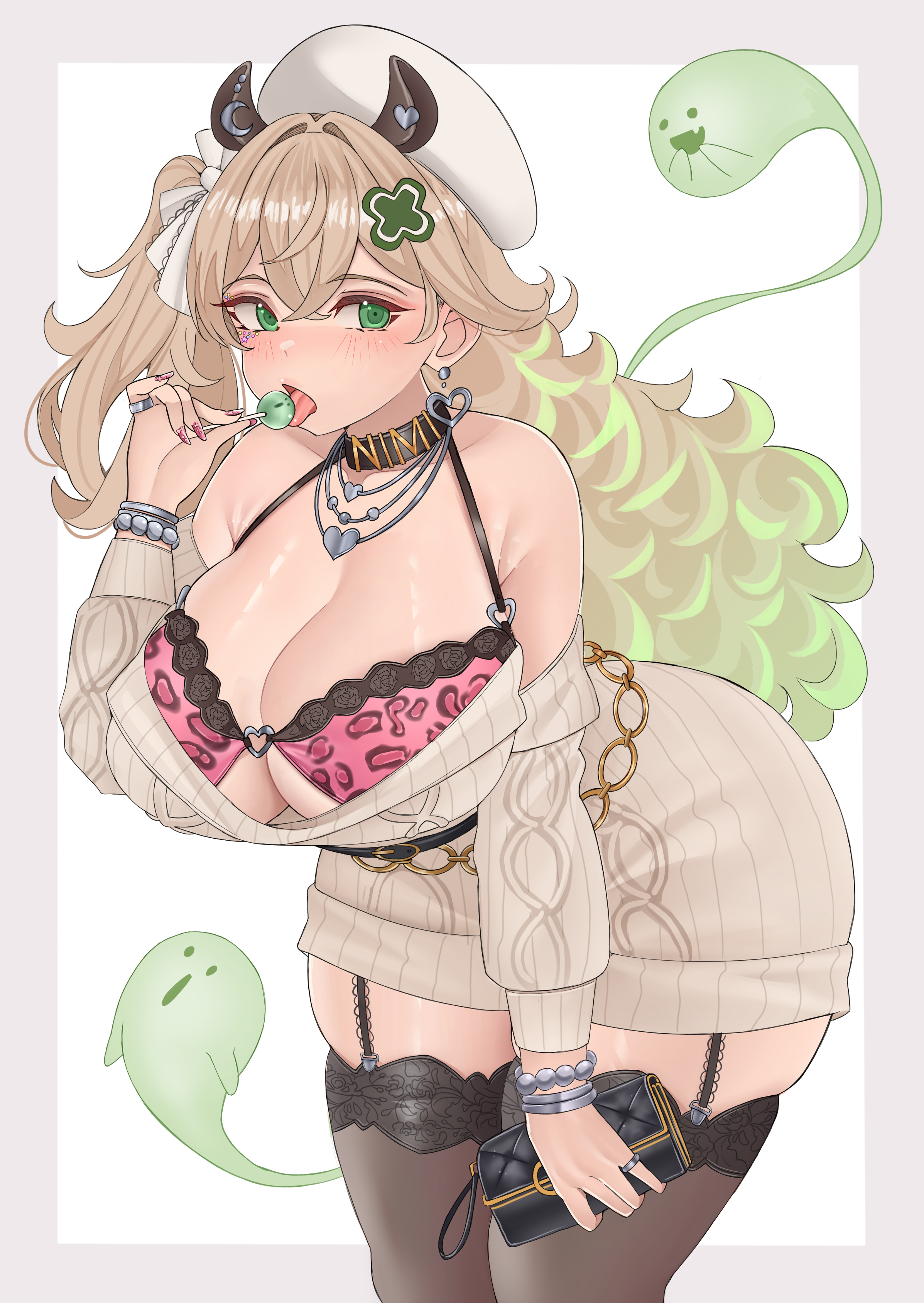 0naer, absurdres, animal ears, animal print, bag, black bag, black choker, black thighhighs, blonde hair, bracelet, breasts, brown hair, candy, cardigan, choker, cleavage, dress, female, food, green dress, green eyes, gyaru, hair between eyes, handbag, hat, highres, holding, holding bag, holding candy, holding food, holding lollipop, indie virtual youtuber, jewelry, large breasts, leopard print, lollipop, long hair, long sleeves, looking at viewer, multiple bracelets, multiple necklaces, naer0, naplings (nimi nightmare), necklace, nimi nightmare, nurse cap, one side up, red nails, simple background, solo, taiko3000cc, tapir ears, tapir girl, thighhighs, virtual youtuber, white background