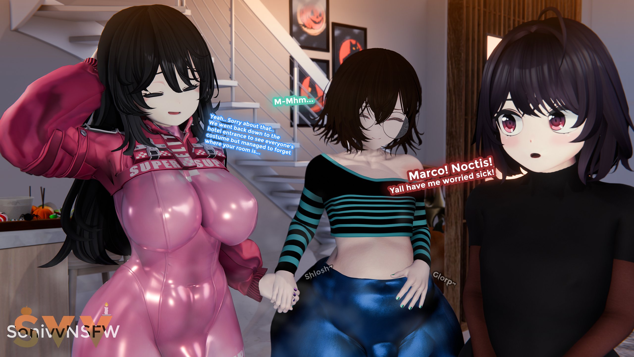 1girls, 2boys, 3d, bodysuit, breasts, dialogue, female, femboy, huge breasts, human, large breasts, male, sonivvnsfw, text