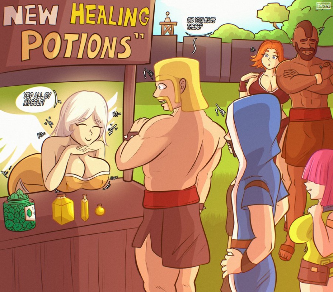 archer (clash of clans), barbarian (clash of clans), battle healer, big breasts, breasts, clash (series), clash of clans, dark-skinned male, female, gems, healer (clash of clans), hog rider, potion, potion bottle, stand, valkyrie (clash of clans), wizard (clash of clans), znixye
