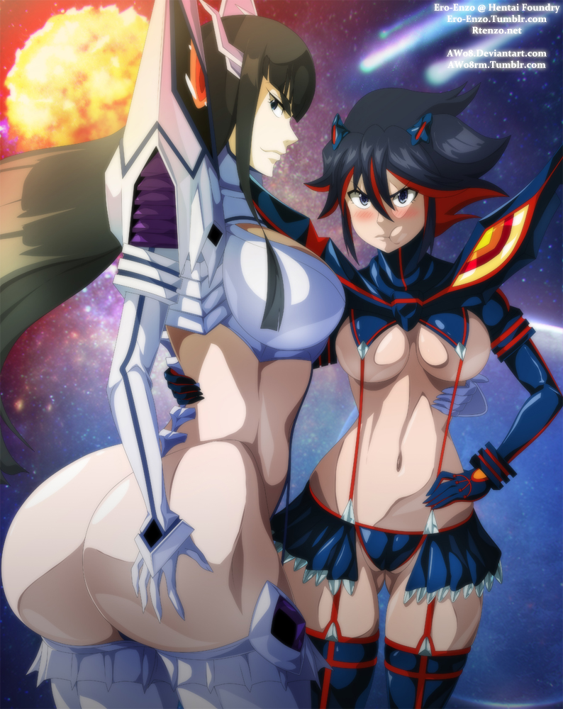 ass, black hair, breasts, ero-enzo, female, huge ass, huge breasts, junketsu, kill la kill, kiryuuin satsuki, matoi ryuuko, multiple females, multiple girls, pouting, presenting, rtenzo, senketsu, sisters, thick thighs, voluptuous, wide hips