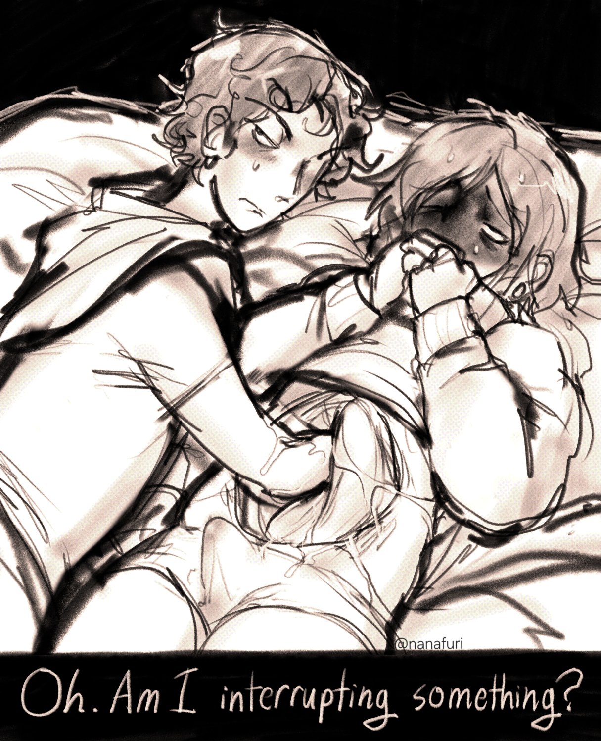 2boys, blush, bodily fluids, bulge, coat guy (no, i'm not a human), covering mouth, erection, erection under clothes, gay, male, male only, monochrome, nanafuri, no, i'm not a human, on back, one eye closed, sweat, sweatdrop, tenting, uncommon stimulation, unusual anatomy, wireface (no, i'm not a human), yaoi
