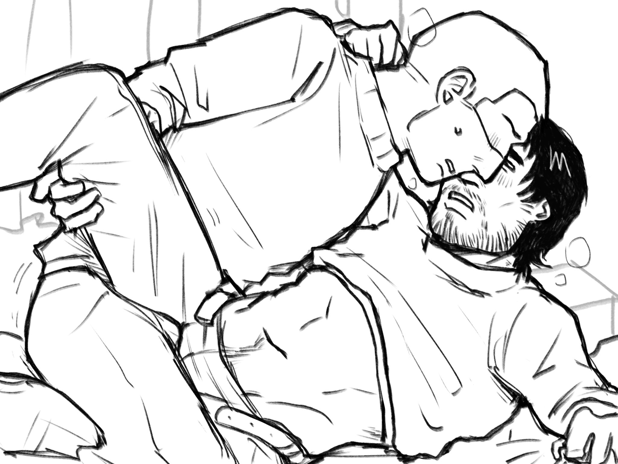 2boys, beard, breath, bulge, facial hair, frottage, frottage through clothing, gay, ham bagel, immortal man (no, i'm not a human), leg grab, lost in the roots, male, male only, monochrome, no, i'm not a human, protagonist (no, i'm not a human), sketch, stubble, yakob (lost in the roots), yaoi