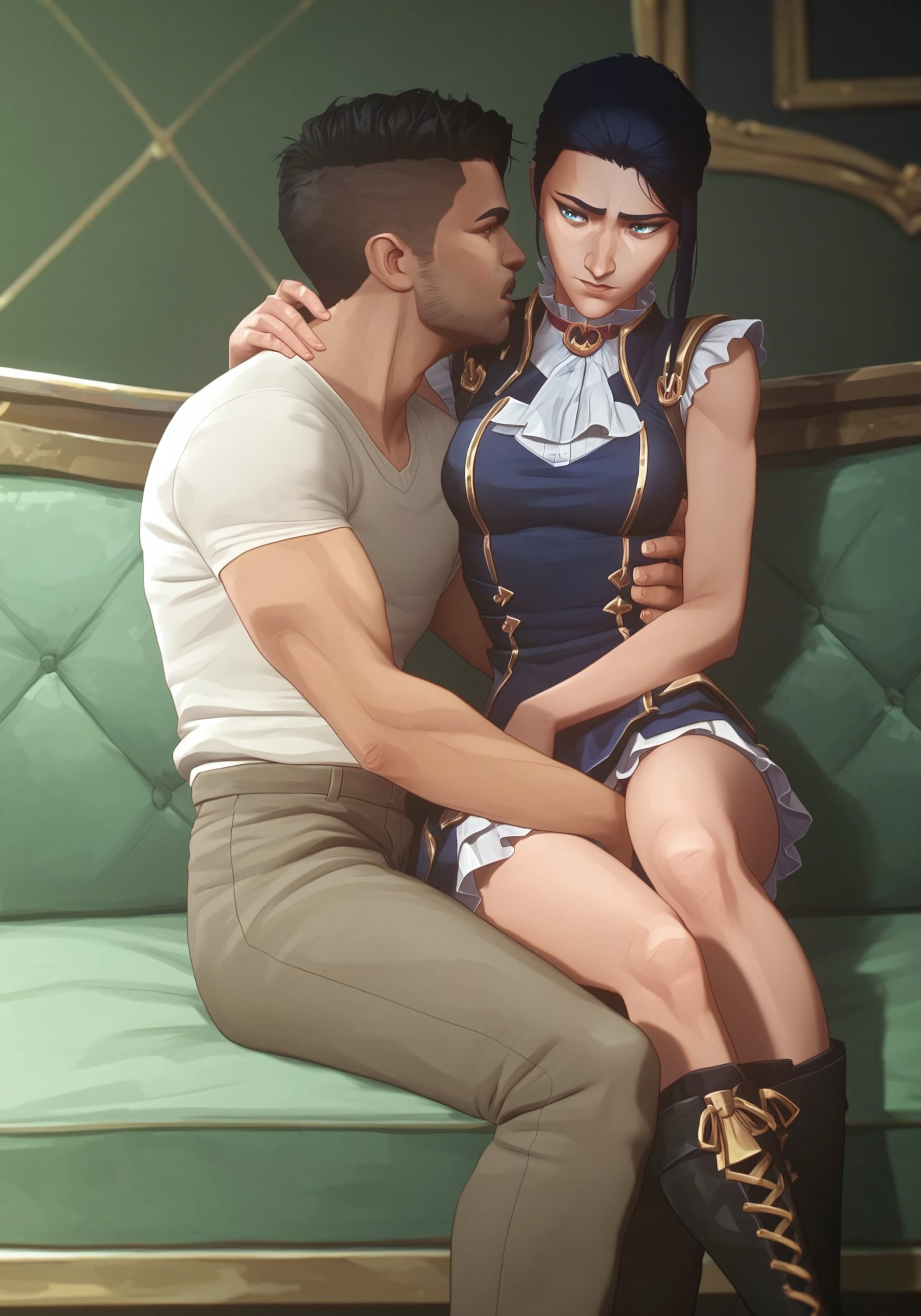 ai generated, arcane, blue eyes, blue hair, caitlyn kiramman, female, fingering, fingering partner, groping, league of legends, male, netflix, pleasured, skirt, skirt lift, slim, uniform