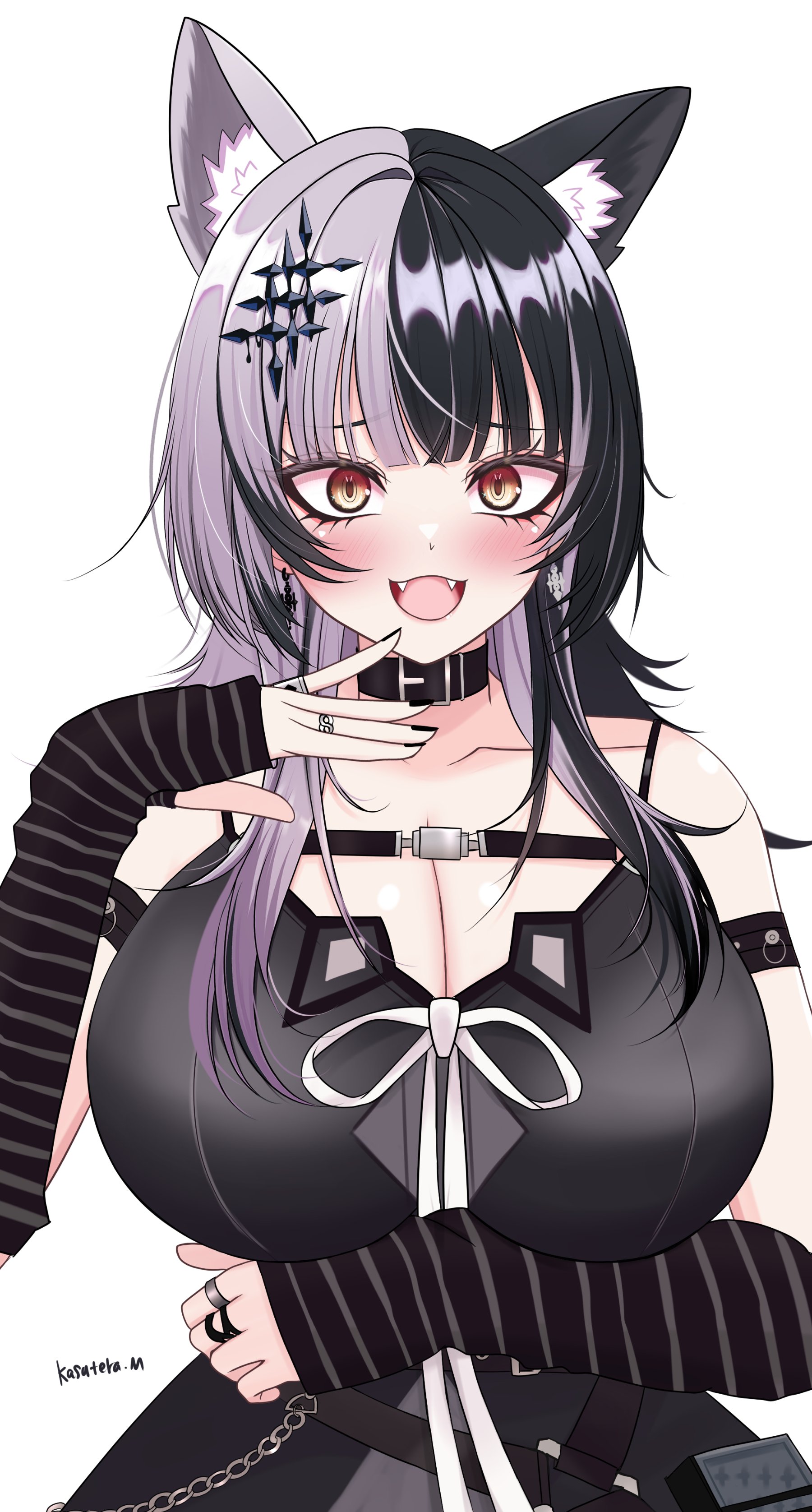 1girls, animal ears, bare shoulders, big breasts, black hair, breasts, clothed, clothing, collar, fangs, female, female only, fully clothed, fur, happy, hi res, hololive, hololive english, hololive english -advent-, kasuterastellar, light skin, light-skinned female, looking at viewer, multicolored hair, purple hair, shiori novella, shiori novella (1st costume), simple background, smiley face, solo, virtual youtuber, white background, white skin, yellow eyes