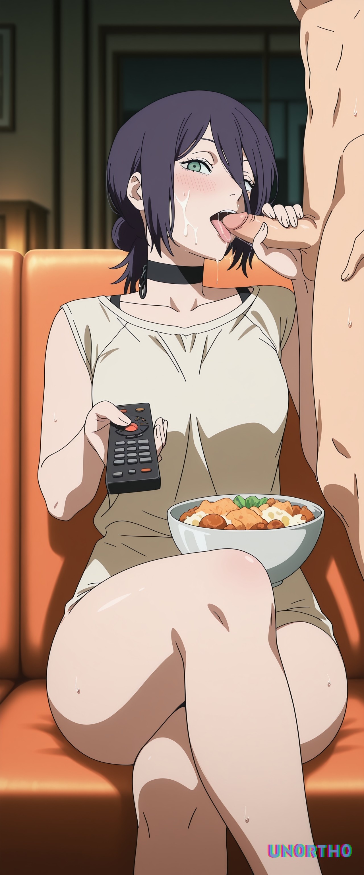 1girls, ai generated, bowl, chainsaw man, choker, cum on face, female, food, green eyes, handjob, hi res, holding object, holding remote control, licking penis, male, open mouth, penis, purple hair, remote control, reze (chainsaw man), sitting, sitting on couch, tagme, tongue, un0rth0, watching tv