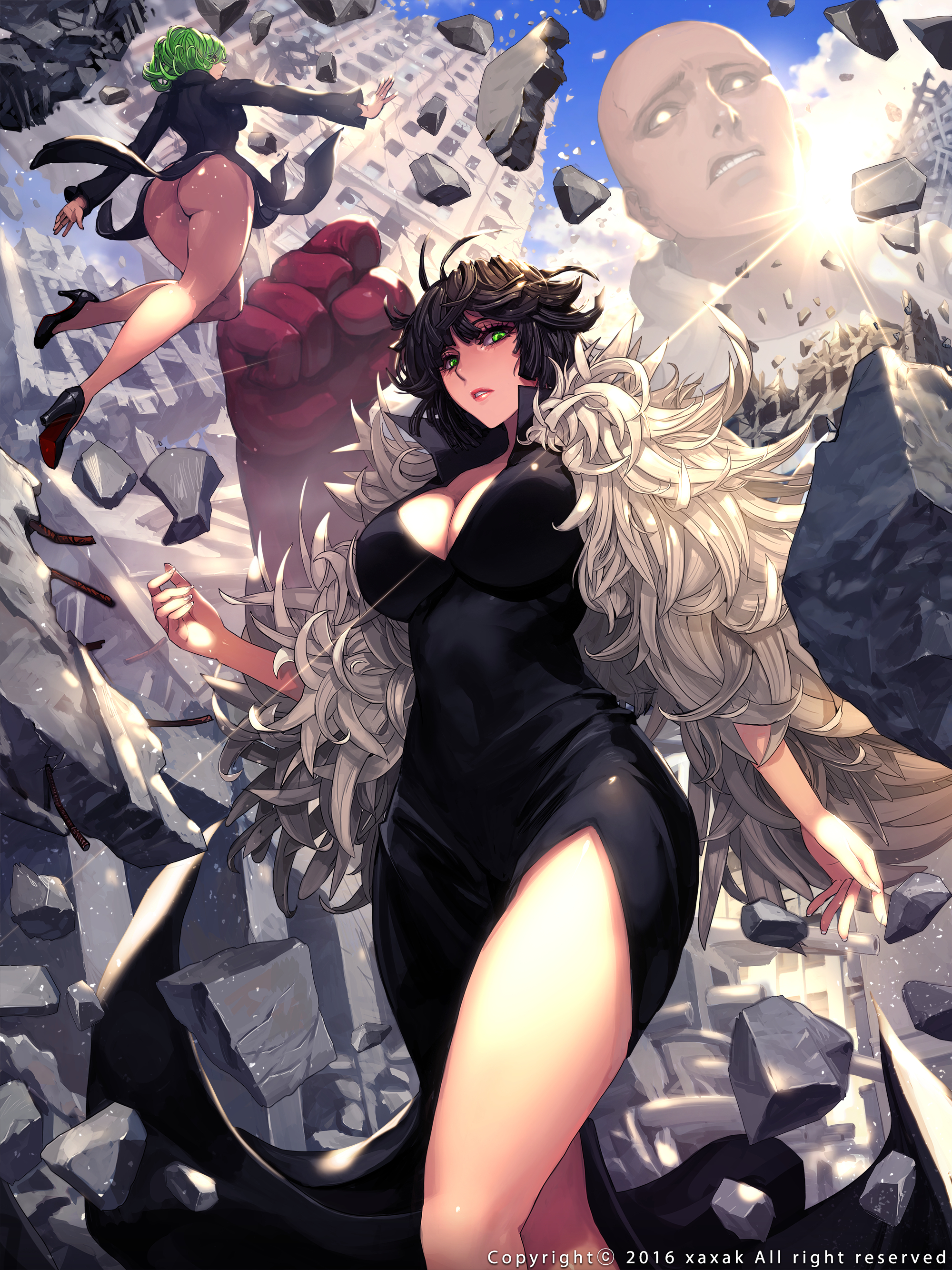 1boy, 2girls, ass, black hair, curvy, female, female focus, fubuki (one-punch man), fur coat, green hair, high heels, male, multiple females, multiple girls, one-punch man, saitama, solo focus, tatsumaki, thighs, upskirt, xaxak